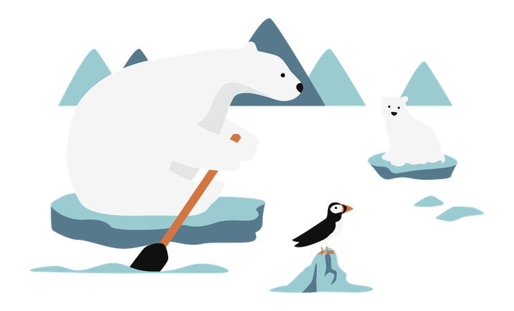 Polar Bear And His Baby Sitting On A Melting Ice In A Sea  Illustration