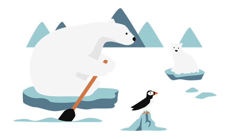 Polar Bear And His Baby Sitting On A Melting Ice In A Sea  일러스트레이션