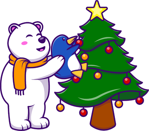 Polar Bear And Penguin Decorating Christmas Tree  Illustration