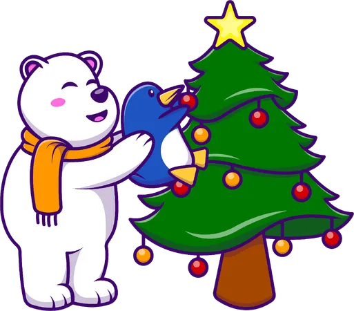 Polar Bear And Penguin Decorating Christmas Tree  Illustration