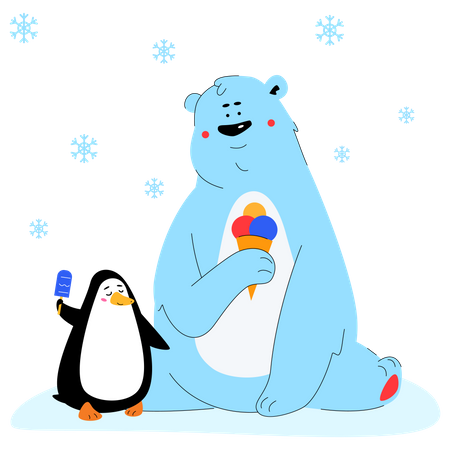 Polar bear and penguin eating ice cream  Illustration