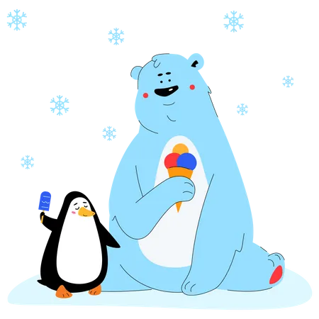 Polar bear and penguin eating ice cream  Illustration