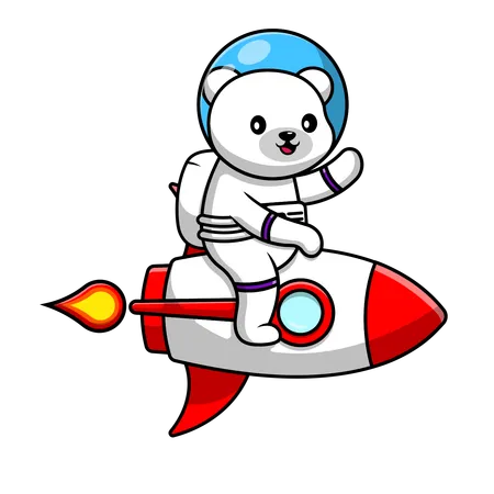 Polar Bear Astronaut Riding Rocket And Waving Hand  Illustration