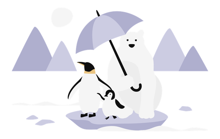 Polar Bear Holding Umbrella with Penguins  Illustration