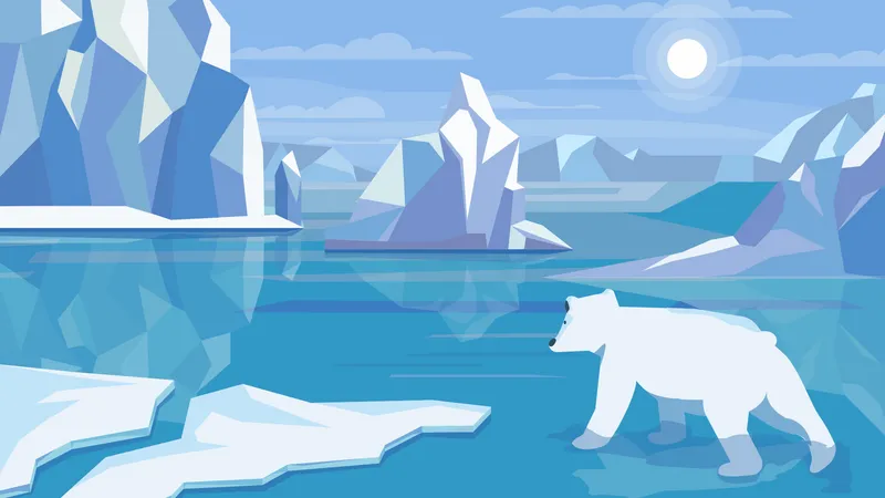 Antarctic Landscape Concept In Flat Cartoon Design Polar Bear In Cold Water Huge Ice Blocks Icebergs Permafrost Snow And Frost Wildlife Panoramic View Vector Illustration Horizontal Background イラスト