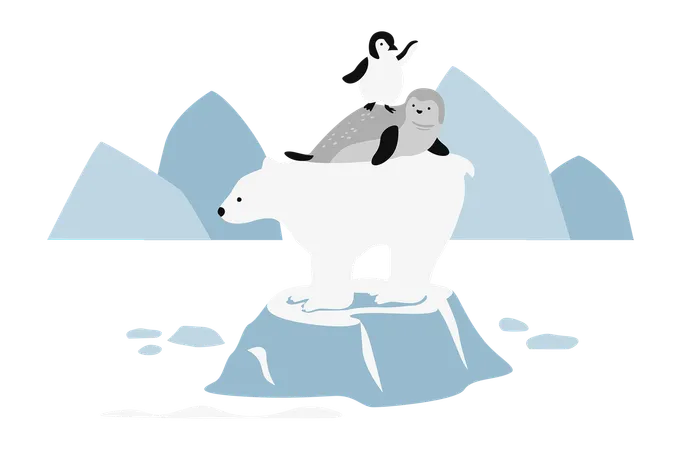 Polar Bear, Seal and Penguin On Melted Iceberg  Illustration