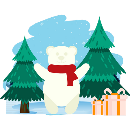 Polar bear stands christmas tree and gifts  Illustration