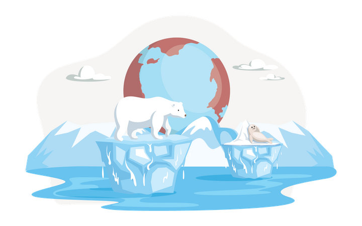 Polar bears in problem due to melting ice Illustration