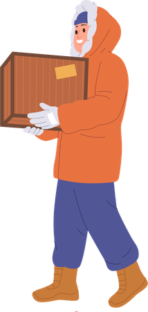 Polar researcher traveller wearing warm clothes carrying wooden box  Illustration