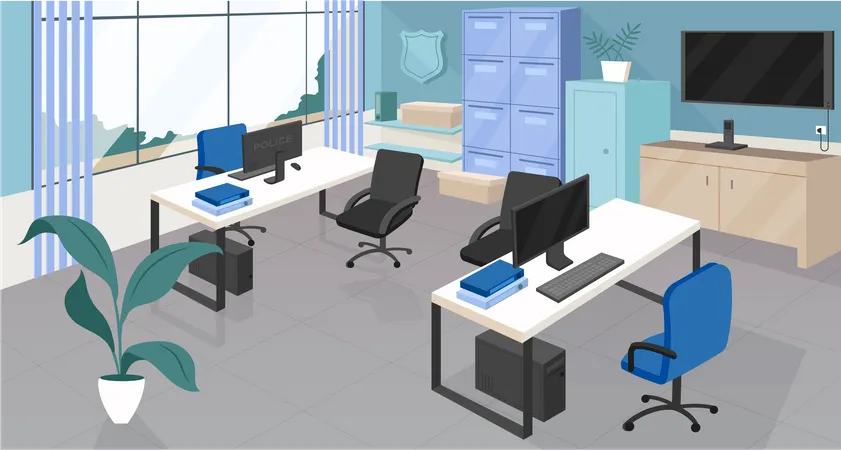 Police Department Flat Color Vector Illustration Open Space Office Coworking Center 2 D Cartoon Interior Design With Furniture On Background Security Agency Empty Corporate Workspace Decor Illustration