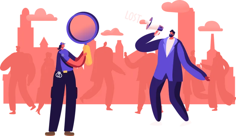 Urban Frustration In Crowd Man With Megaphone In Crowded Place Police Woman With Magnifier Help To Search Lost Character Stress Situation At City Social Problem Cartoon People Vector Illustration Illustration