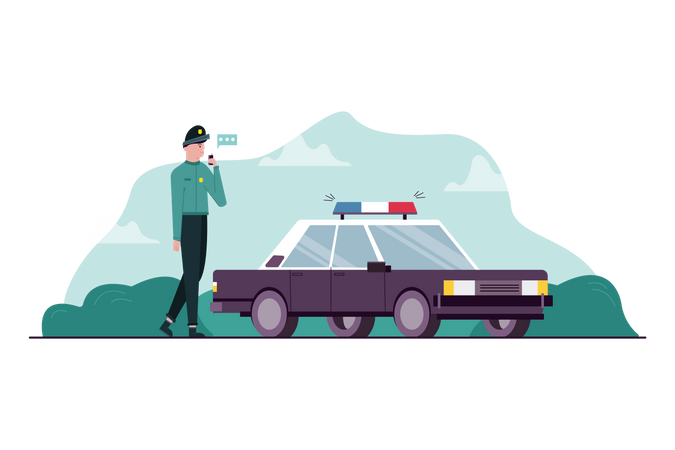 Police man talking on walkie talkie near police car  Illustration