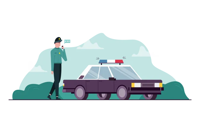 Police man talking on walkie talkie near police car  Illustration