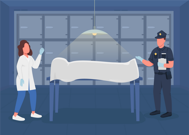 Best Premium Police medical expert and officer try to find evidence from dead  body Illustration download in PNG & Vector format