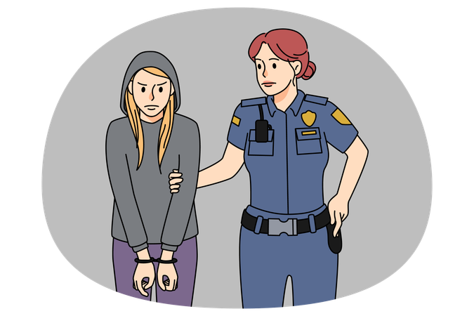警察官が十代の少女犯罪者を逮捕  イラスト