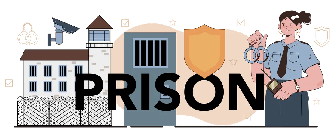 Prison Typographic Header Police Officer Convoying Angry Arrested Criminal In Orange Jumpsuit To A Prison Convict People Monitoring Flat Vector Illustration Illustration