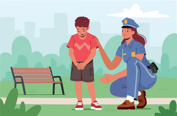 Police Officer Female Character Help To Kid Find Mother Illustration