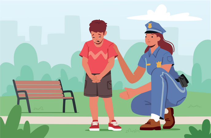 Police Officer Female Character Help To Kid Find Mother  Illustration