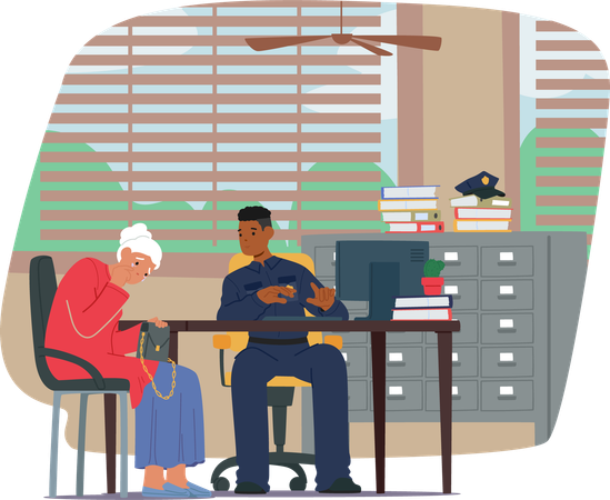 Police Officer Listens To Elderly Woman Filing Report At Station  Illustration