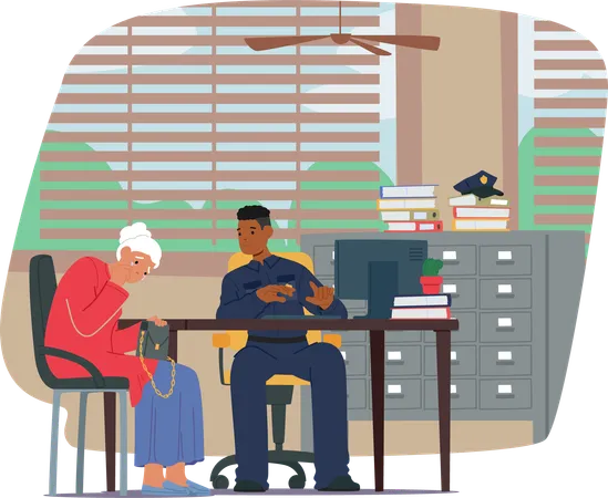 Police Officer Listens To Elderly Woman Filing Report At Station  Illustration