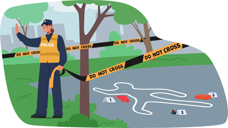 Police Officer Secures Crime Scene With Do Not Cross Tape  Illustration