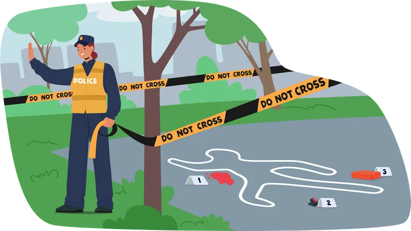 Police Officer Secures Crime Scene With Do Not Cross Tape  Illustration