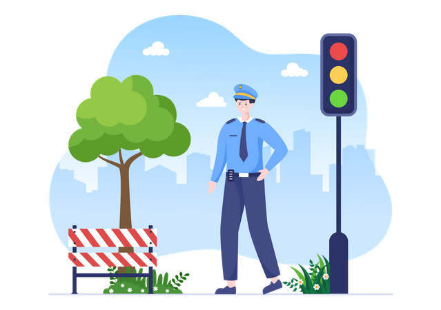 Police Officer standing at signal Illustration