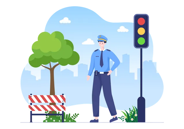 Police Officer standing at signal  Illustration