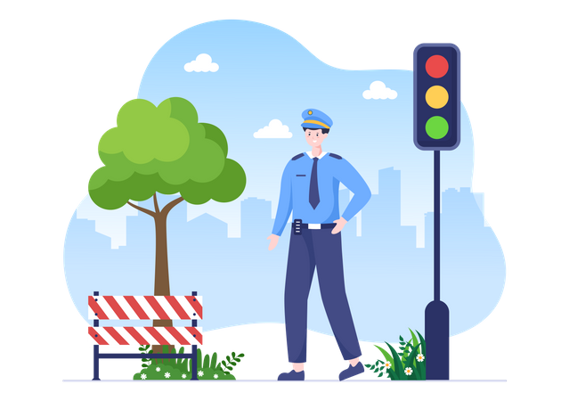 Police Officer standing at signal  Illustration