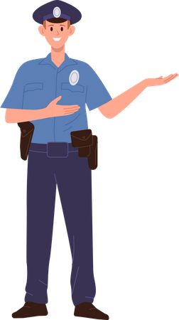 Police officer wearing uniform pointing aside standing  Illustration