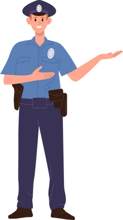 Police Officer Cartoon Character Wearing Uniform Pointing Aside Standing Isolated On White Background Vector Illustration Of Policeman Cop Guard And Security Enforcement People Profession Concept Illustration
