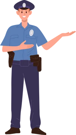 Police officer wearing uniform pointing aside standing  Illustration