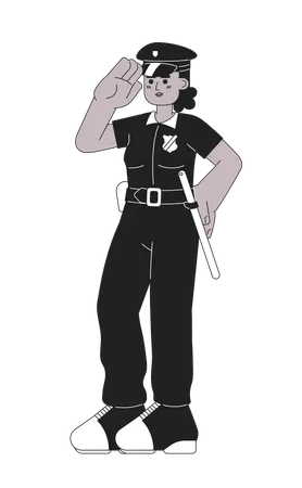 Police Officer Woman Saluting Black And White Cartoon Flat Illustration Detective Policewoman African American Linear 2 D Character Isolated Civil Servant Female Cop Monochromatic Scene Vector Image Illustration