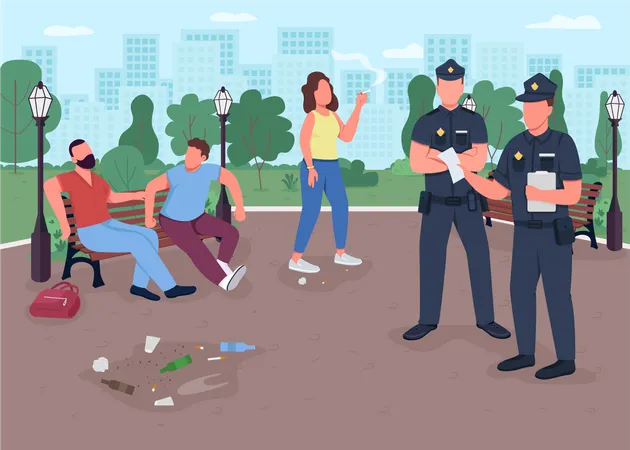 Police officers giving fines for throwing out trash  Illustration