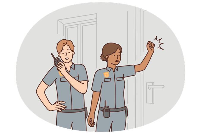 Police officers knock on door arriving on call after robbery in need sheriff investigation  Illustration