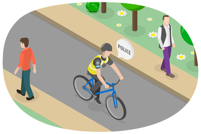 Police riding on cycle in city park  Illustration