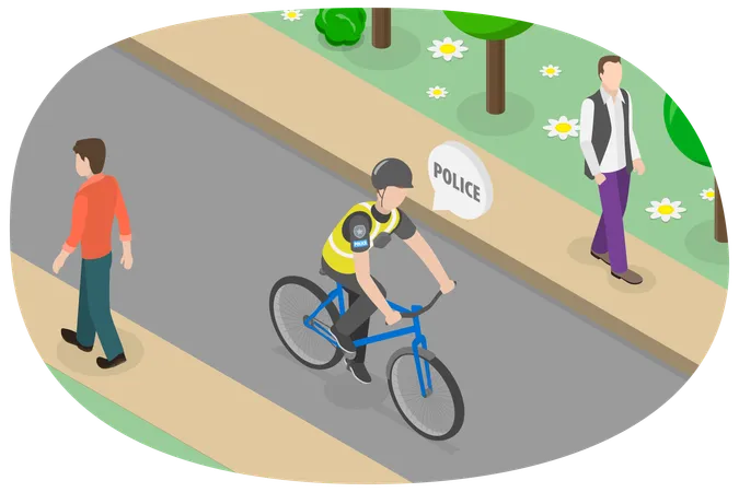 3 D Isometric Flat Vector Conceptual Illustration Of Bike Police Officer Riding Bike In City Park Illustration