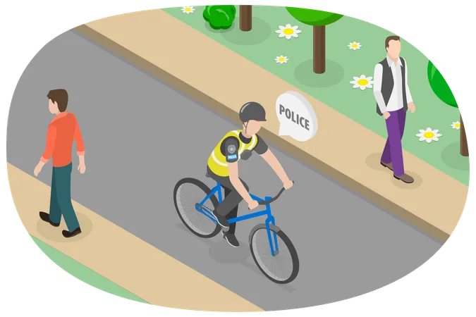 Police riding on cycle in city park  Illustration