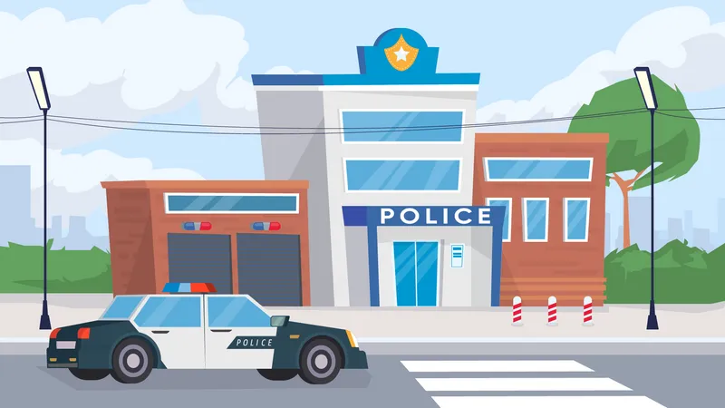 Police Department Building View Banner In Flat Cartoon Design Exterior Of Police Station With Patrol Car Protection Justice Guards Justice Structure Concept Vector Illustration Of Web Background Illustration