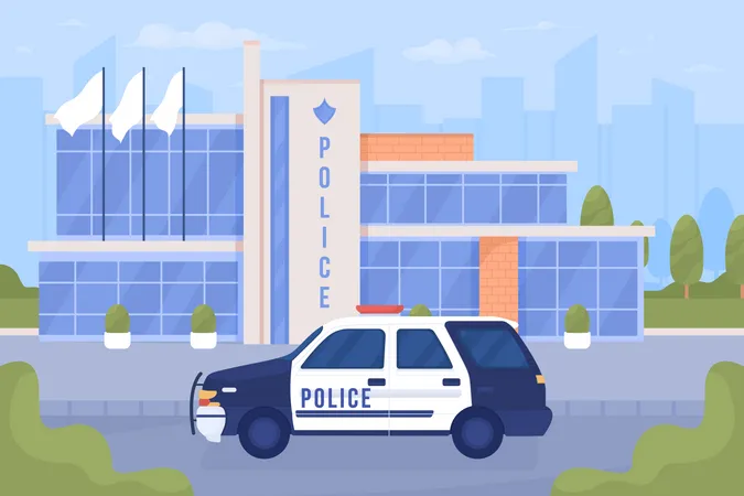 Police Car And Office On City Street Flat Color Vector Illustration Urban Service Against Criminal Actions Fully Editable 2 D Simple Cartoon Cityscape With Sky On Background Bebas Neue Font Used Illustration