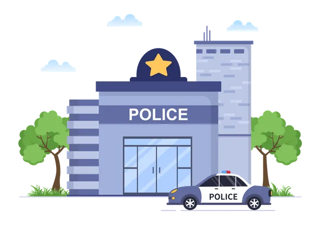 Police Station Department Building Vector Illustration With Policeman And Car On Flat Cartoon Style Background Illustration
