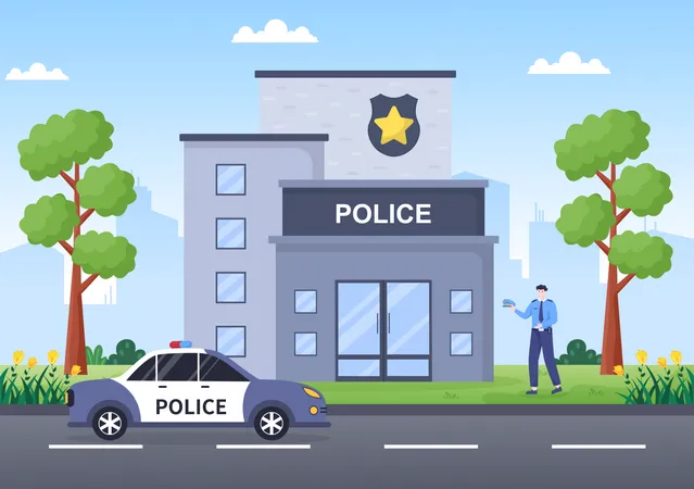 Police Station Department Building Vector Illustration With Policeman And Car On Flat Cartoon Style Background Illustration