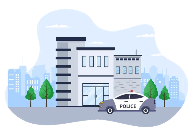 Police Station Department Building With Policeman And Police Car In Flat Style Background Illustration Illustration