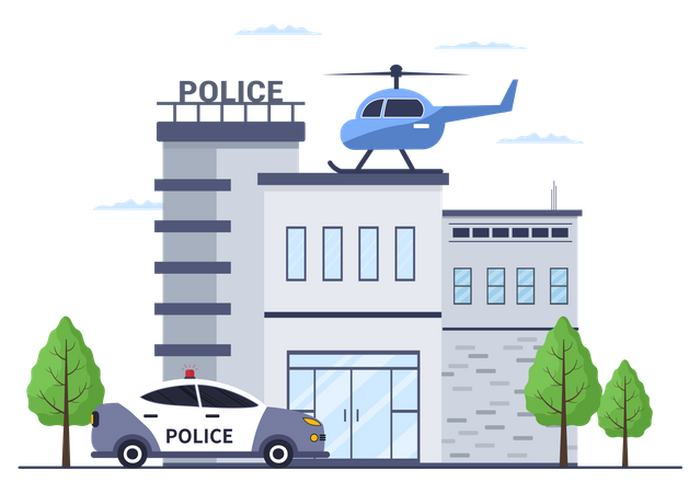 Police Station Department with Helicopter and Police Car Illustration