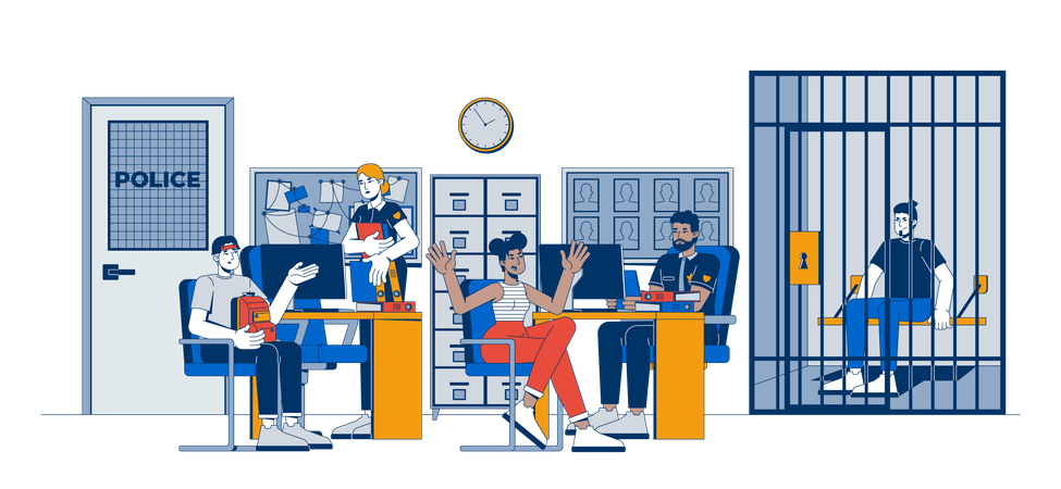 Police station with officers and witnesses and jail cell  Illustration