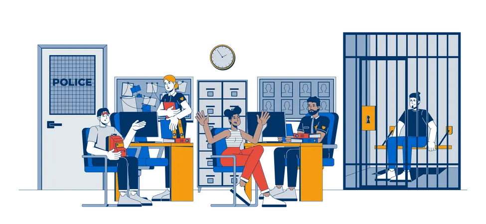 Police station with officers and witnesses and jail cell  Illustration