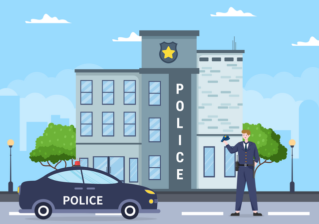 Police Station with Policeman and Police Car  Illustration