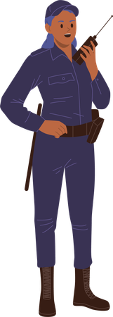 Police woman patrol officer in blue uniform speaking walkie-talkie radio device  Illustration