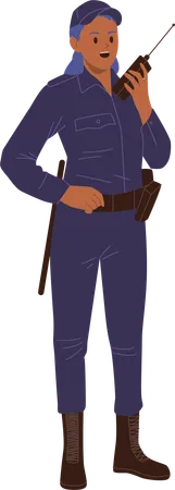 Police woman patrol officer in blue uniform speaking walkie-talkie radio device  Illustration