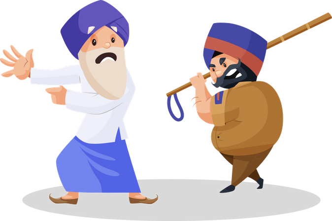 Policeman attacking the Punjabi old farmer with a stick Illustration